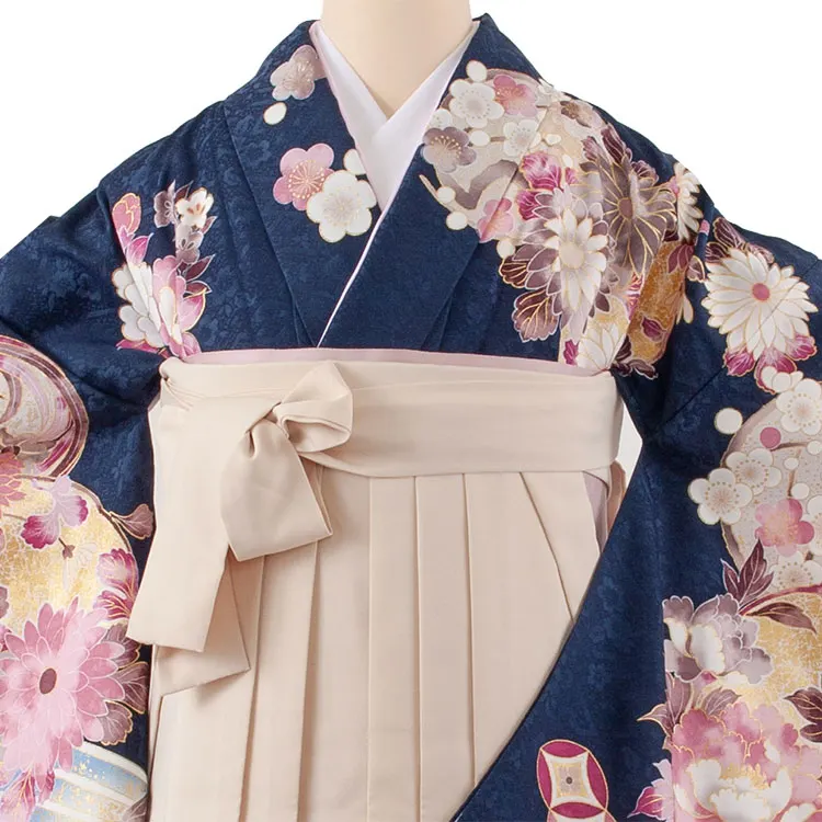 卒業袴レンタル二尺袖 紺地 牡丹に梅 2154