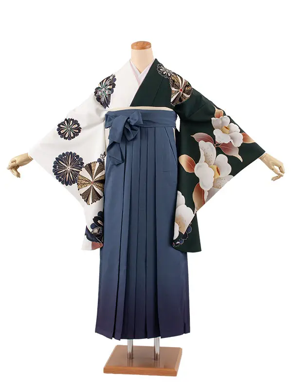 卒業袴レンタル二尺袖 白×濃緑 片身替り グラデーション袴 2157