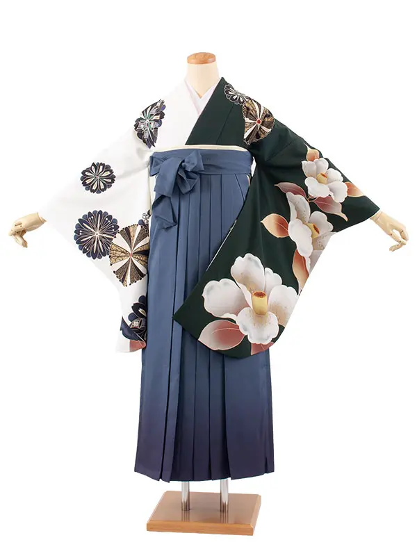 卒業袴レンタル二尺袖 白×濃緑 片身替り グラデーション袴 2158