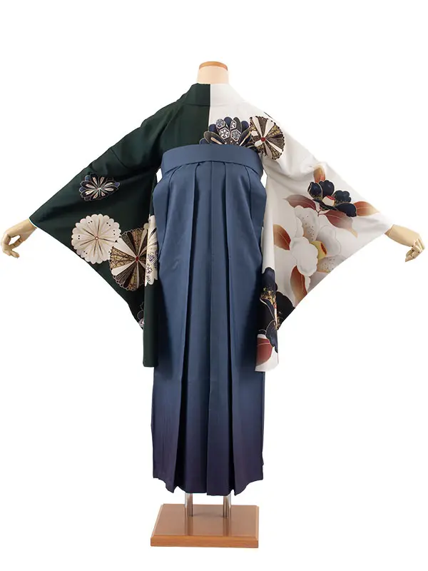 卒業袴レンタル二尺袖 白×濃緑 片身替り グラデーション袴 2158