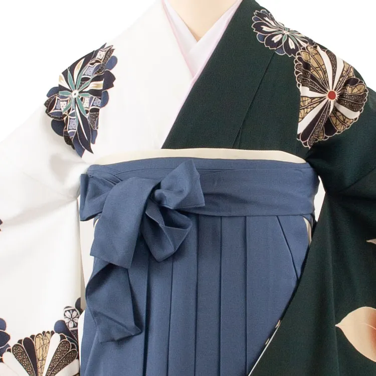 卒業袴レンタル二尺袖 白×濃緑 片身替り グラデーション袴 2158