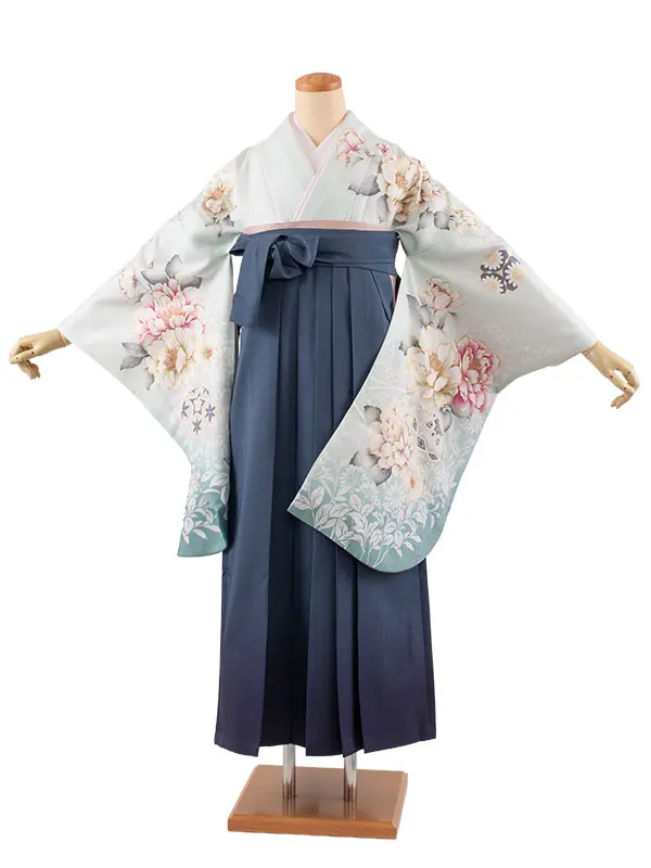 卒業袴レンタル二尺袖 ベビーブルー 牡丹 グラデーション袴 2160