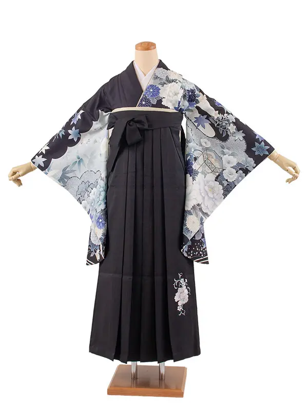 卒業袴レンタル二尺袖 黒地 牡丹に菊 2161