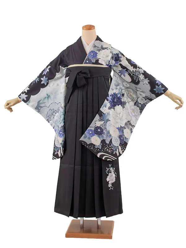 卒業袴レンタル二尺袖 黒地 牡丹に菊 2162