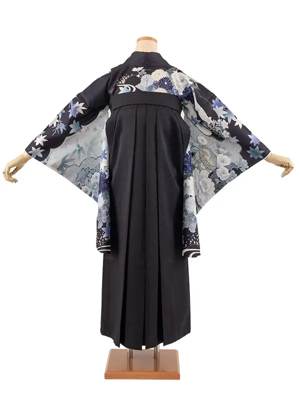 卒業袴レンタル二尺袖 黒地 牡丹に菊 2162