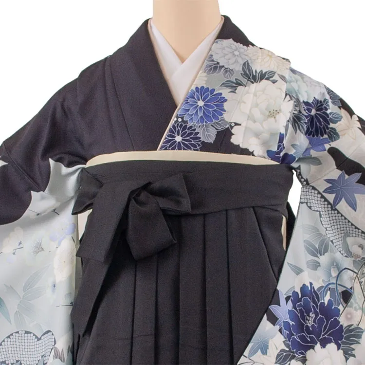 卒業袴レンタル二尺袖 黒地 牡丹に菊 2162