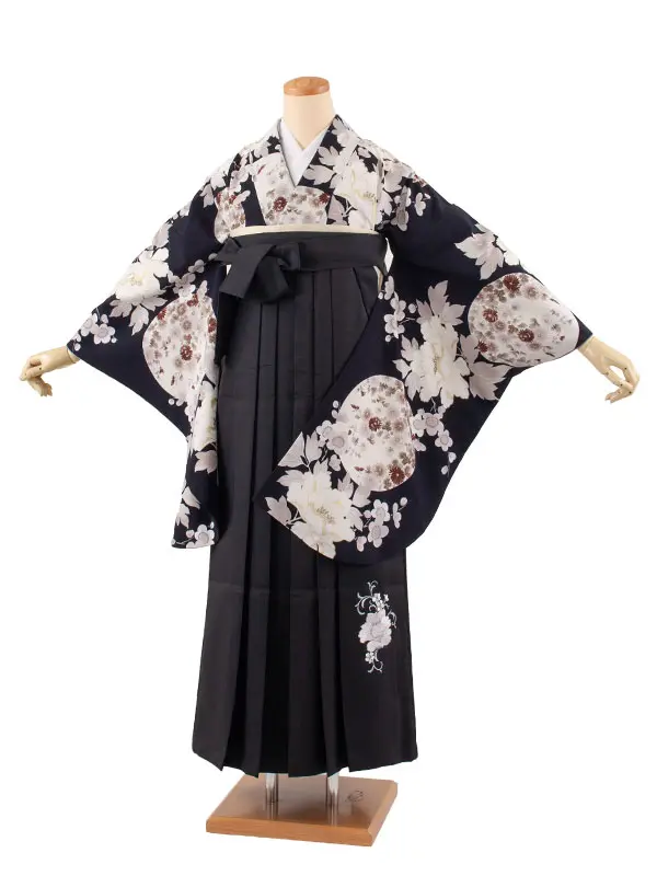 卒業袴レンタル二尺袖 濃藍 牡丹に梅 2163