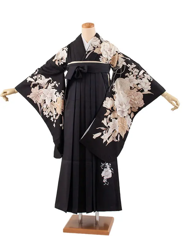 卒業袴レンタル二尺袖 黒地 牡丹に百合 2165