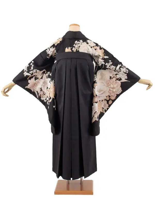 卒業袴レンタル二尺袖 黒地 牡丹に百合 2165