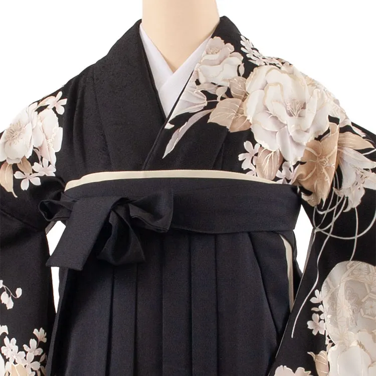 卒業袴レンタル二尺袖 黒地 牡丹に百合 2165