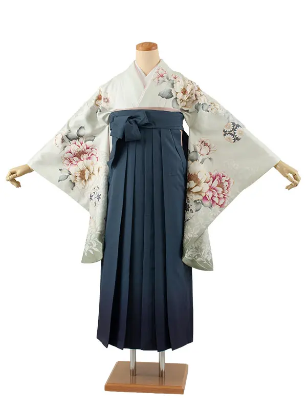 卒業袴レンタル二尺袖 薄緑 牡丹 グラデーション袴 2166