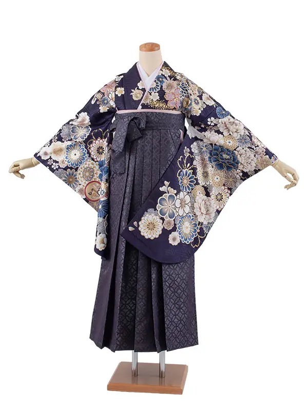 卒業袴レンタル二尺袖 紺地 牡丹に菊 2171