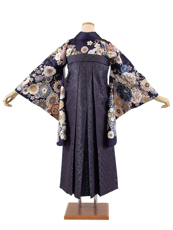 卒業袴レンタル二尺袖 紺地 牡丹に菊 2171