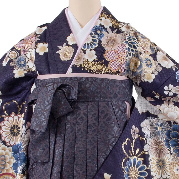 卒業袴レンタル二尺袖 紺地 牡丹に菊 2171