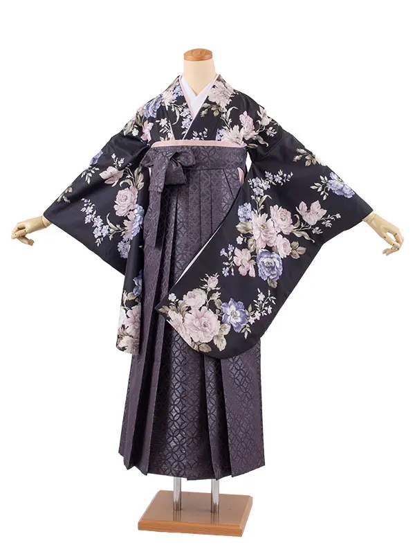 卒業袴レンタル二尺袖 黒地 牡丹 2172