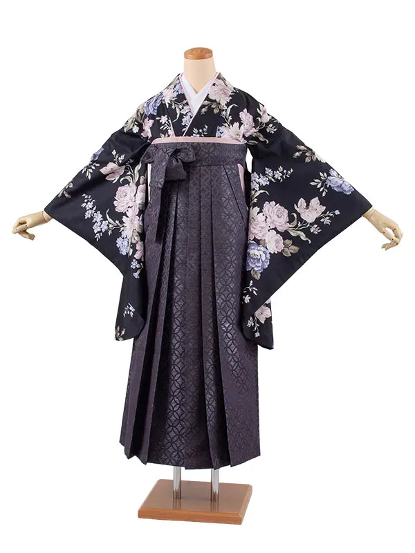 卒業袴レンタル二尺袖 黒地 牡丹 2172