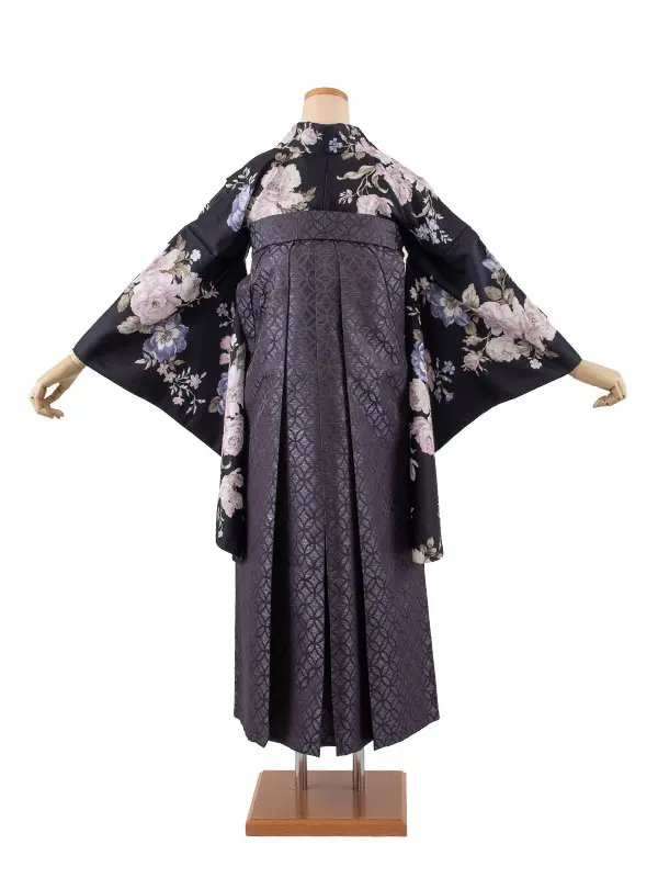 卒業袴レンタル二尺袖 黒地 牡丹 2172