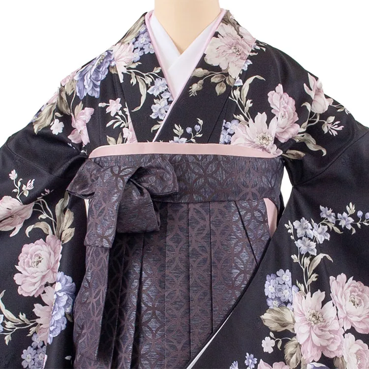 卒業袴レンタル二尺袖 黒地 牡丹 2172