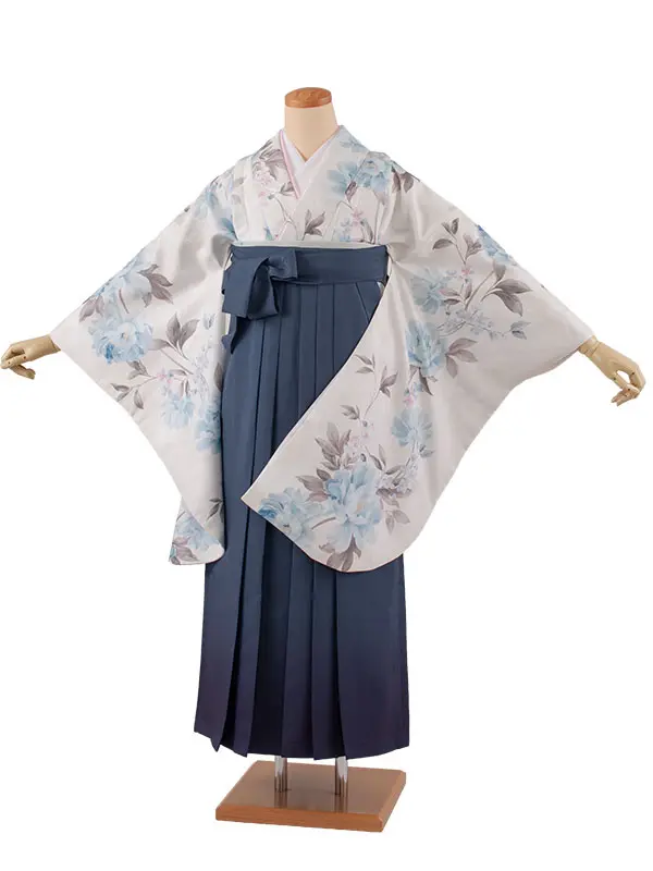 卒業袴レンタル二尺袖 薄アイボリー 牡丹 グラデーション袴 2174