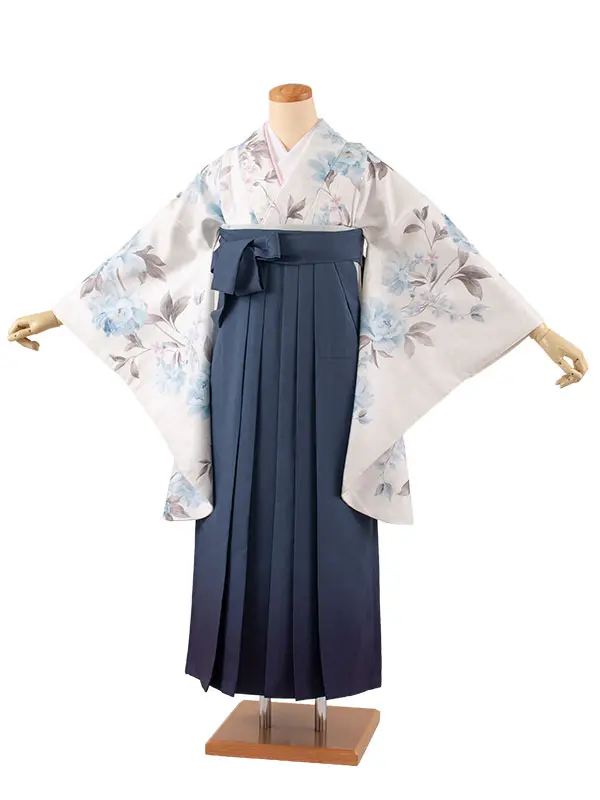 卒業袴レンタル二尺袖 薄アイボリー 牡丹 グラデーション袴 2174