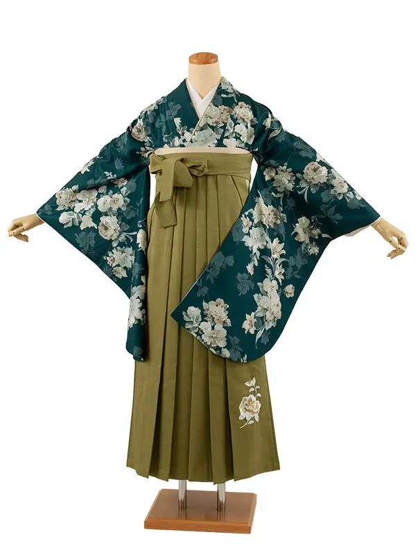 卒業袴レンタル二尺袖 緑地 牡丹に百合 2175