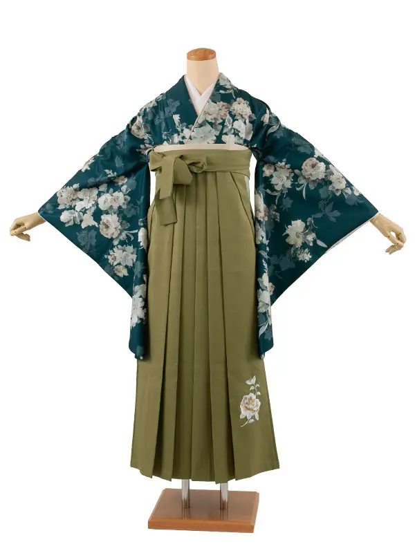 卒業袴レンタル二尺袖 緑地 牡丹に百合 2175