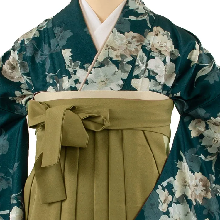 卒業袴レンタル二尺袖 緑地 牡丹に百合 2175