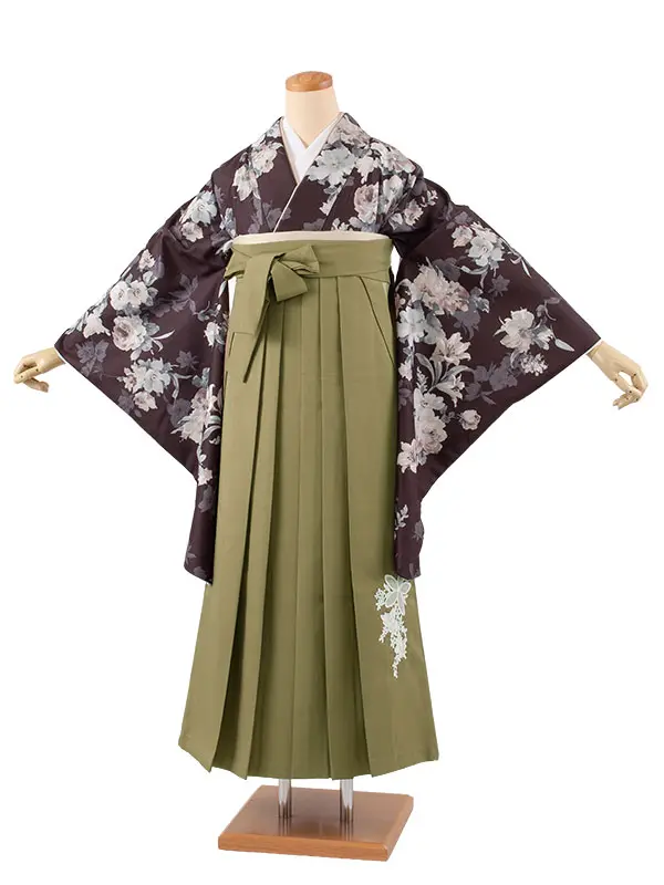 卒業袴レンタル二尺袖 こげ茶色 牡丹に百合 2177