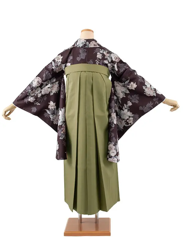 卒業袴レンタル二尺袖 こげ茶色 牡丹に百合 2177