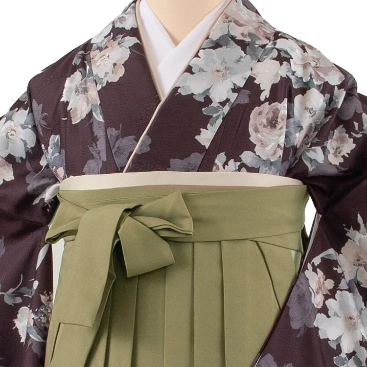 卒業袴レンタル二尺袖 こげ茶色 牡丹に百合 2177