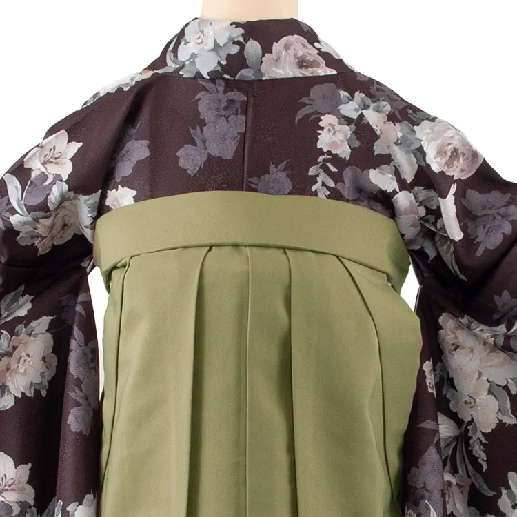 卒業袴レンタル二尺袖 こげ茶色 牡丹に百合 2177