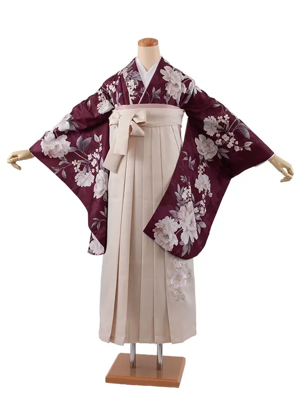 卒業袴レンタル二尺袖 バーガンディ 牡丹 2178