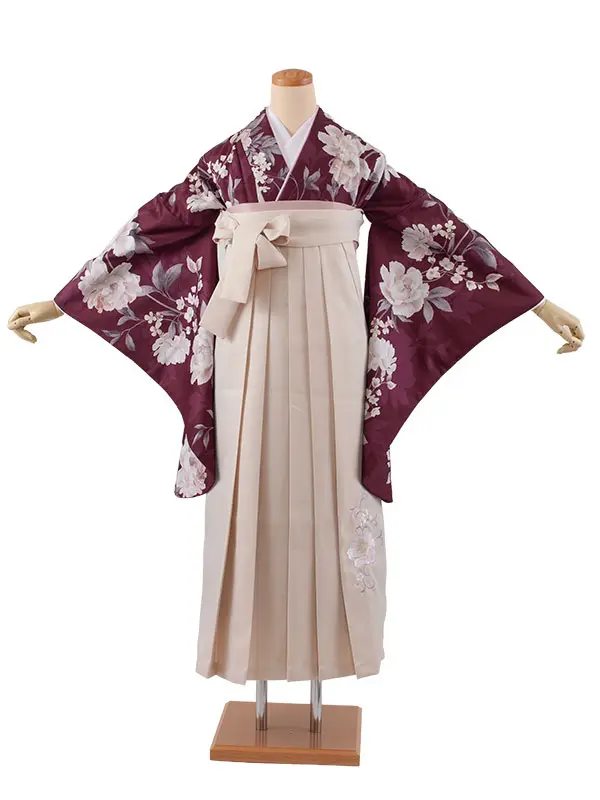 卒業袴レンタル二尺袖 バーガンディ 牡丹 2178