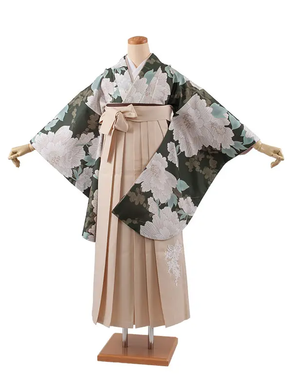 卒業袴レンタル二尺袖 緑地 牡丹 2183