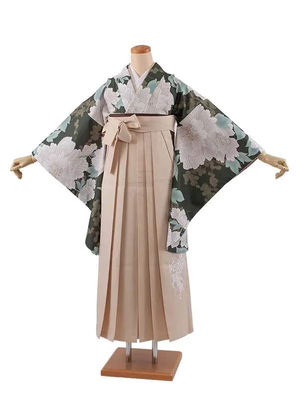 卒業袴レンタル二尺袖 緑地 牡丹 2183