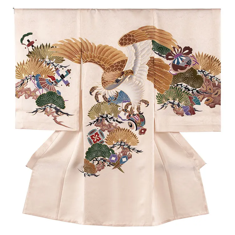 【夏用】お宮参り男の子 産着レンタル 単衣 ベージュ 鷹に松 2-46