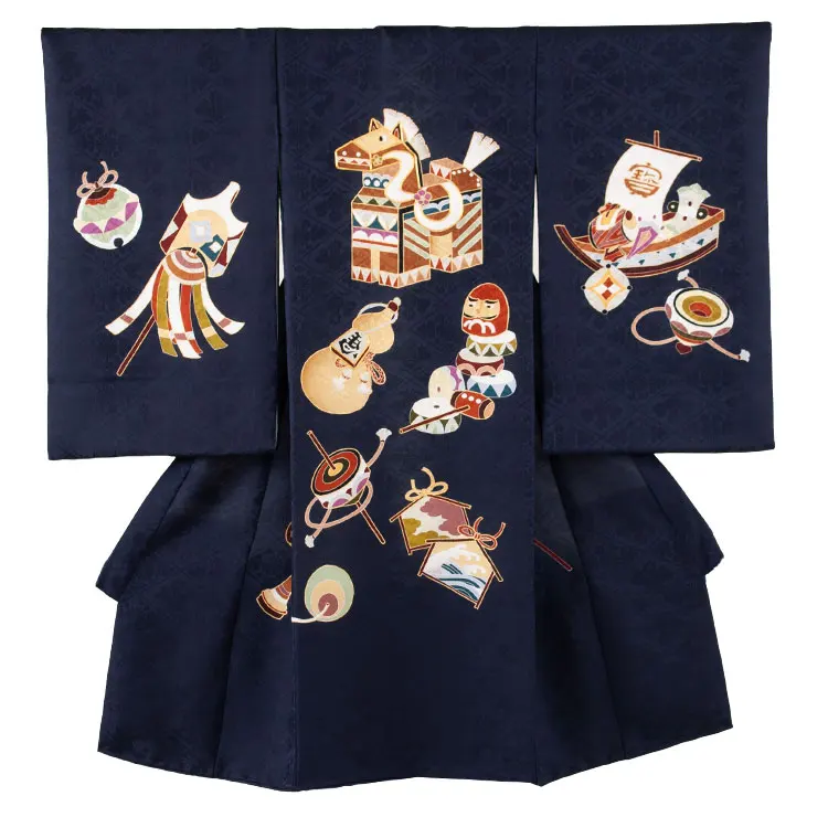 【正絹】お宮参り男の子 産着レンタル 紺地 京友禅 馬 宝船 2653