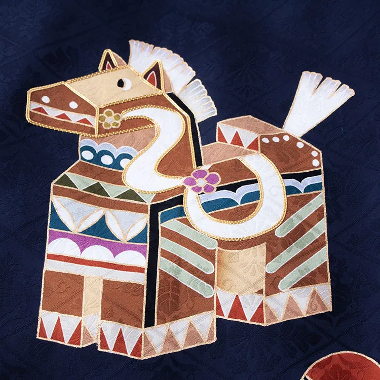 【正絹】お宮参り男の子 産着レンタル 紺地 京友禅 馬 宝船 2653