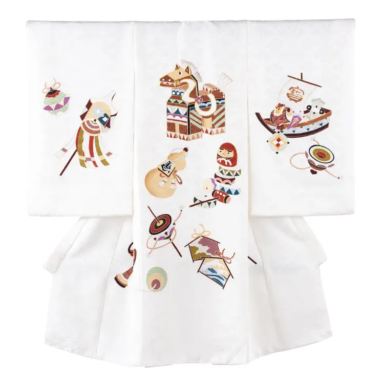 【正絹】お宮参り男の子 産着レンタル 白地 京友禅 馬 宝船 2654