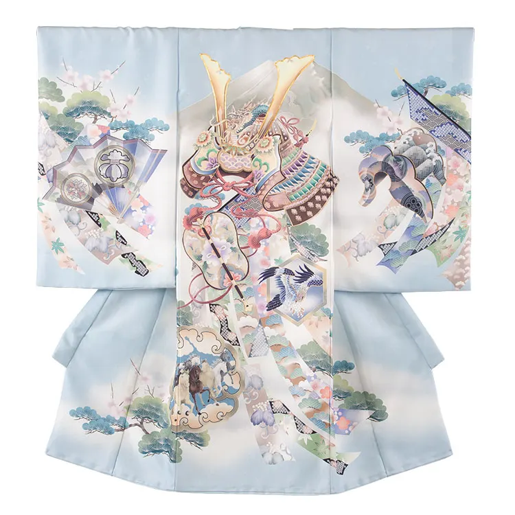 お宮参り男の子 産着レンタル スモークブルー 兜 束ね熨斗 馬 2656