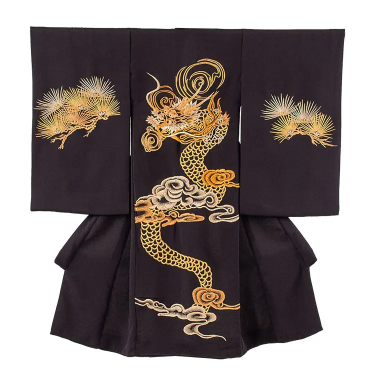 お宮参り男の子 産着レンタル 黒地 昇龍 松 刺繍 2657