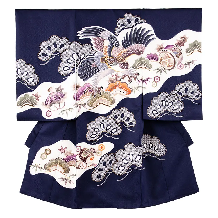 お宮参り男の子 産着レンタル 紺地 絞り調 鷹 松 2658