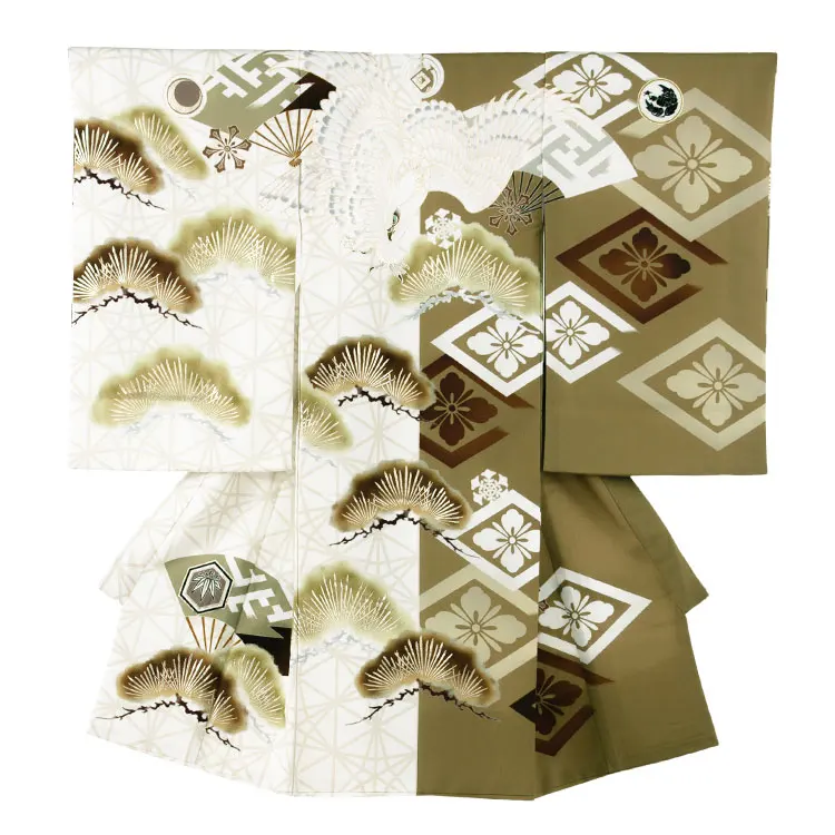 お宮参り男の子産着レンタル ジャパンスタイル アイボリー×草色 鷹 松 2661