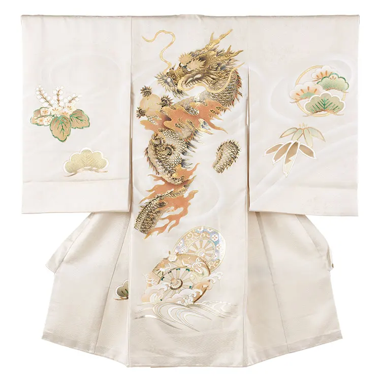 【正絹】お宮参り男の子 産着レンタル ライトベージュ 昇り龍 源氏車 2664