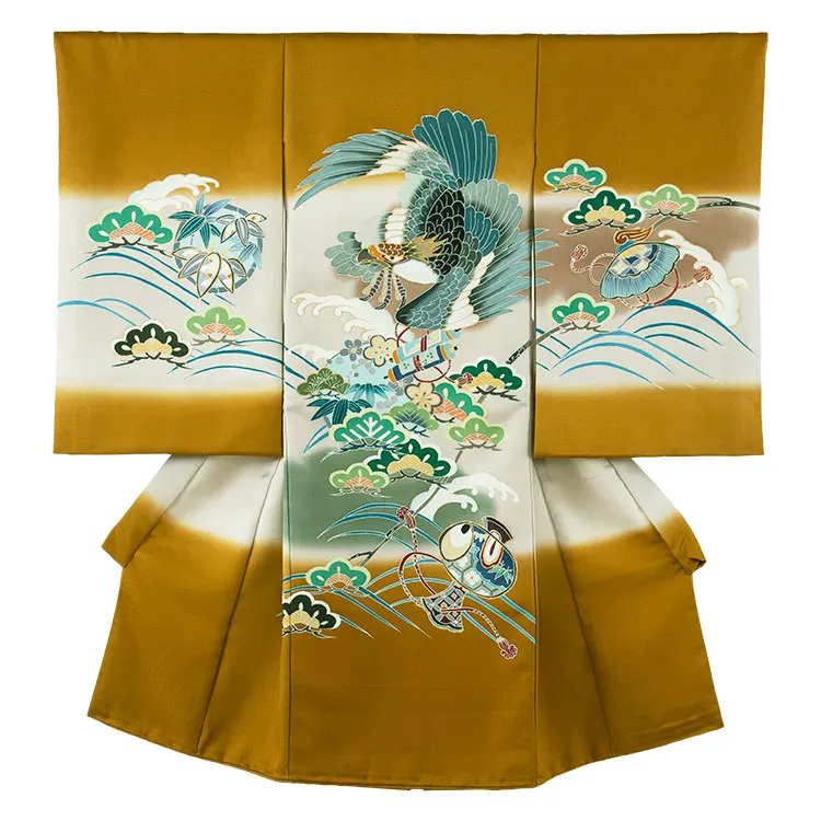 【正絹】お宮参り男の子 産着レンタル マスタード 鷹 吉祥文様 2665