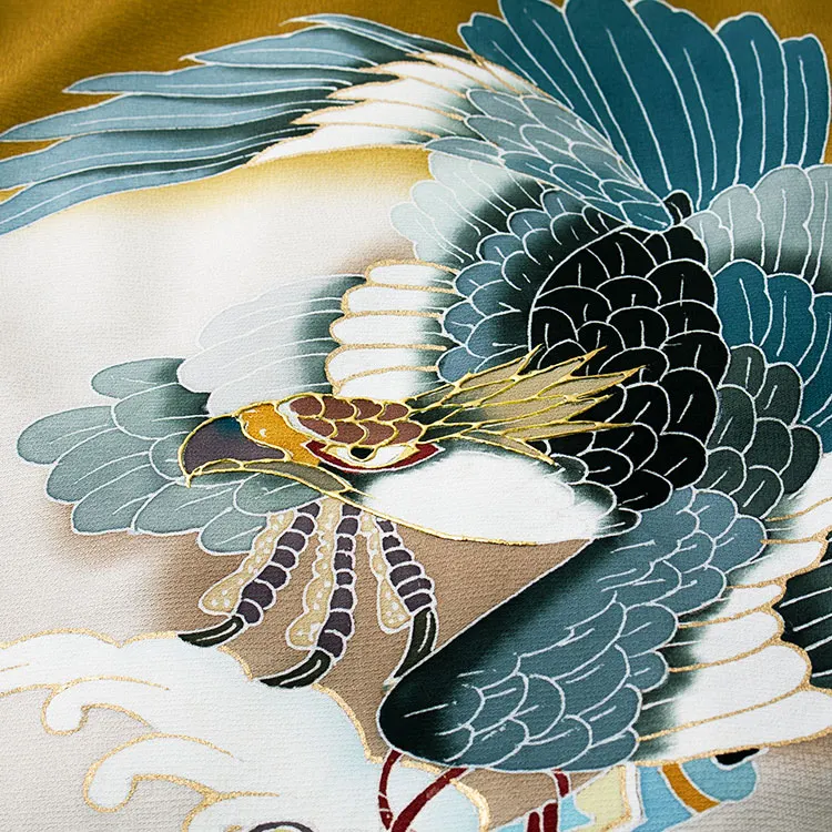 【正絹】お宮参り男の子 産着レンタル マスタード 鷹 吉祥文様 2665