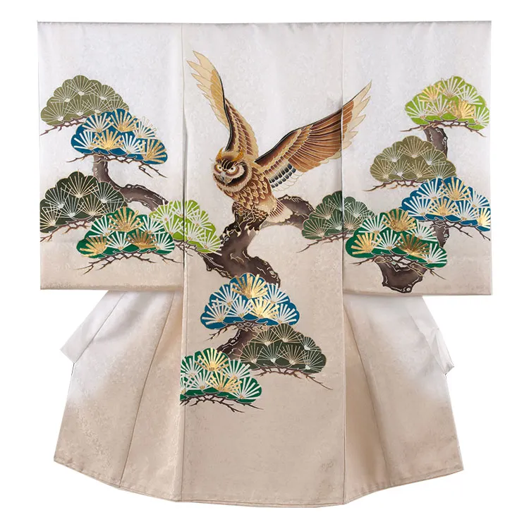 【正絹】お宮参り男の子 産着レンタル ライトベージュ ミミズク 松 金彩2669