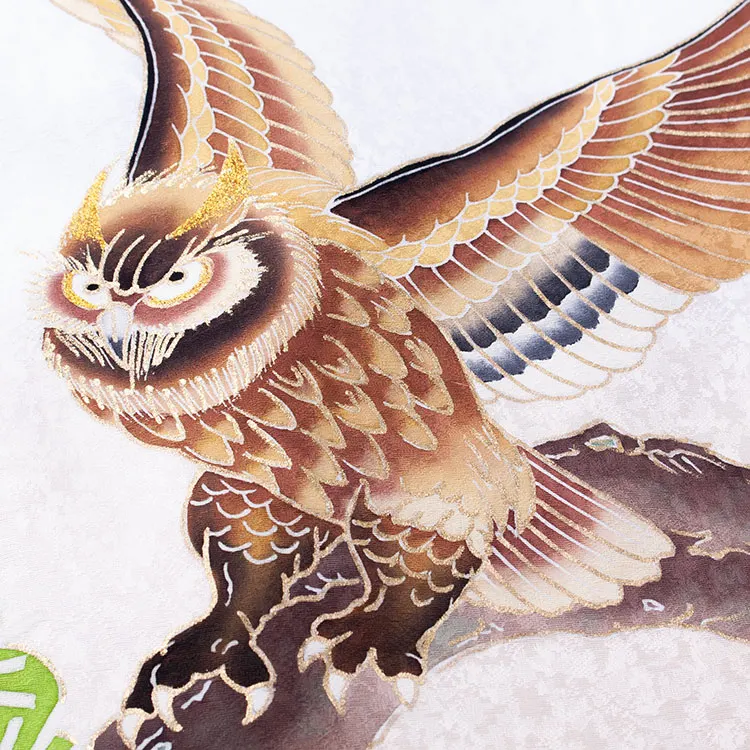 【正絹】お宮参り男の子 産着レンタル ライトベージュ ミミズク 松 金彩2669