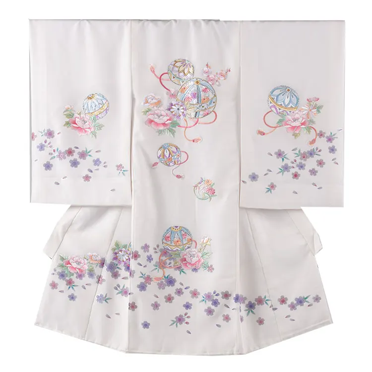 【正絹】お宮参り女の子 産着レンタル 白地 鞠 桜 牡丹 刺繍 1591