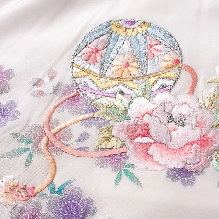 【正絹】お宮参り女の子 産着レンタル 白地 鞠 桜 牡丹 刺繍 1591